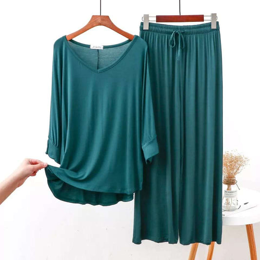 Plain Green V Neck T shirt with Green Palazzo Pajama Night Suit for Her