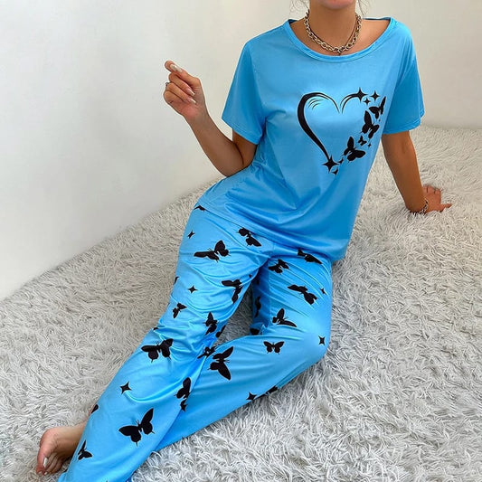 Blue With Butterflies Heart Printed T-shirt And Butterflies Printed Trouser Suit