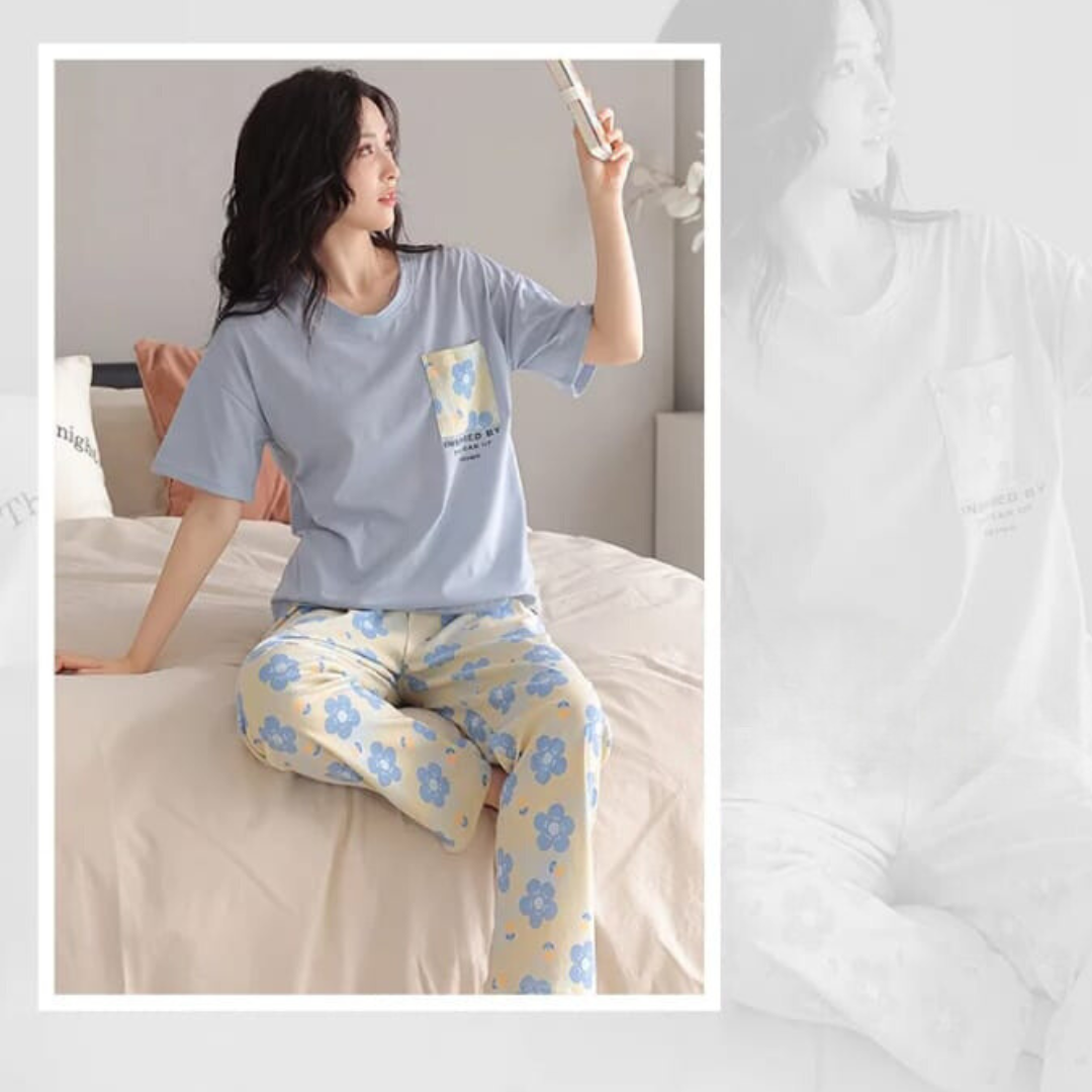 Blue Flower Pocket Print Half Sleeves T-shirt With Flowers Print Pajama Suit