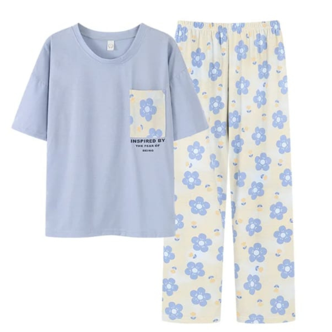 Blue Flower Pocket Print Half Sleeves T-shirt With Flowers Print Pajama Suit