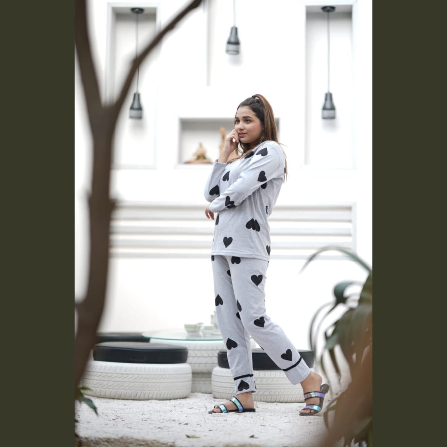 Grey with Black Big hearts print Full Sleeves Night Suit for her