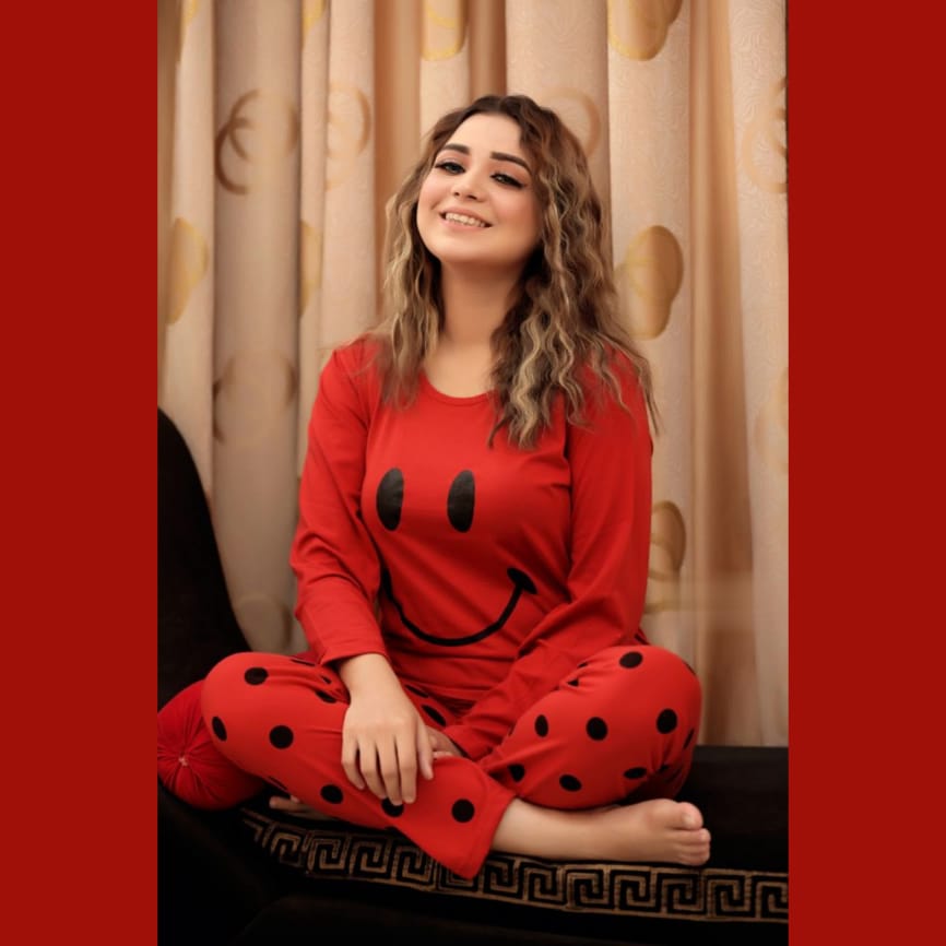 Red Smile with Dotted Style Pajama Full Sleeves Night Suit for her