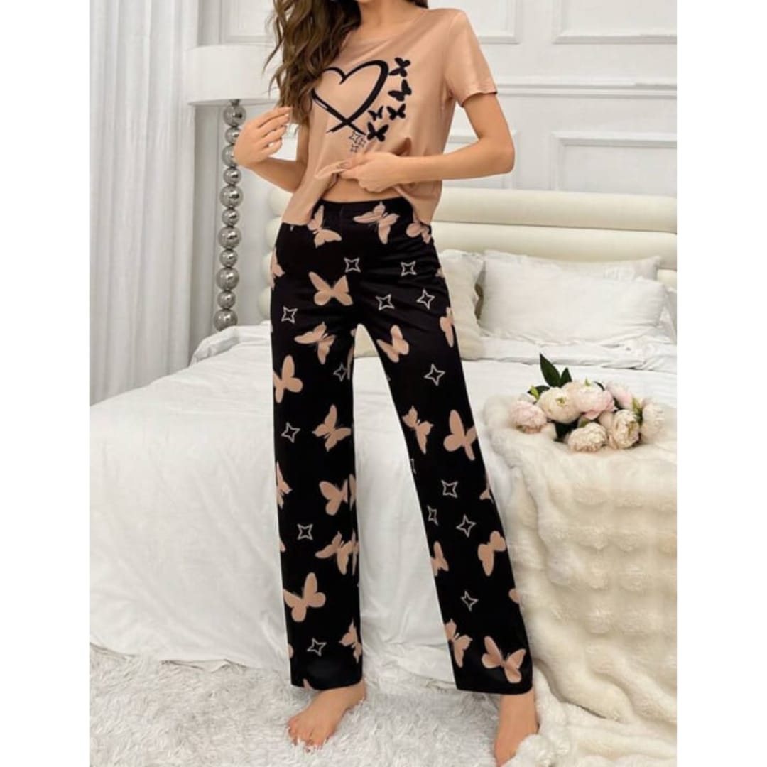 Brown With Black Butterflies Heart Printed T-shirt And Butterflies Printed Trouser Suit