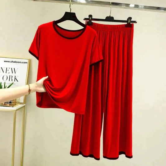 Red With Black Pipin Neck And Sleeves Half Sleeves Suit