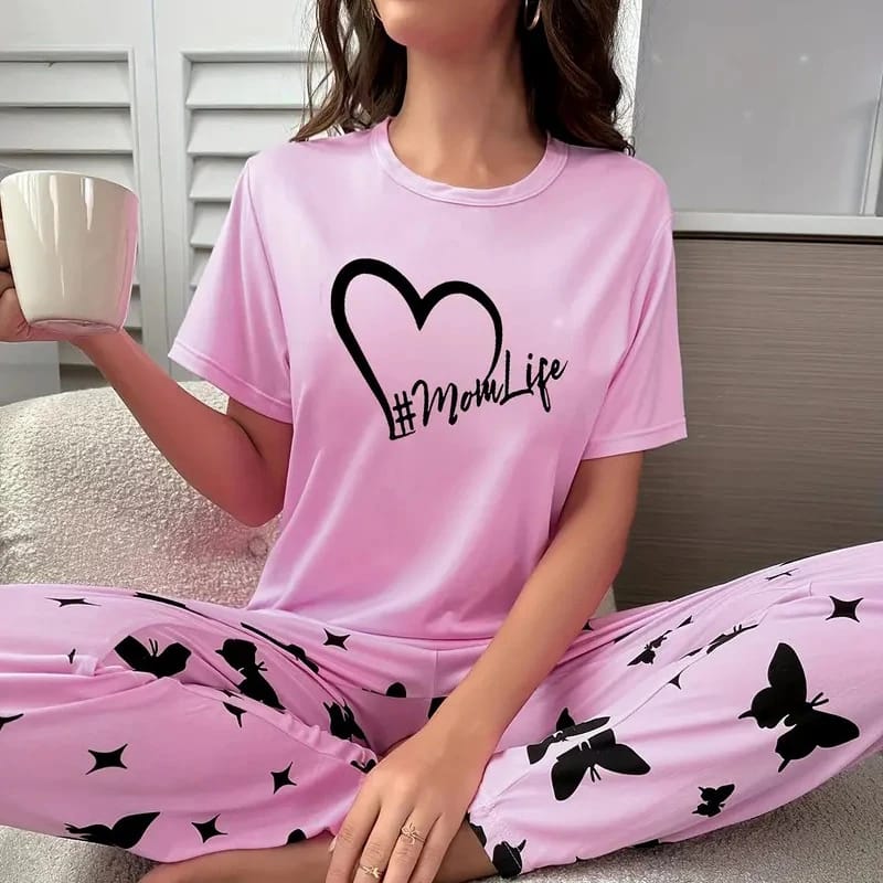Pink Mom Life Printed Half Sleeves T-shirt With Printed Trouser Suit