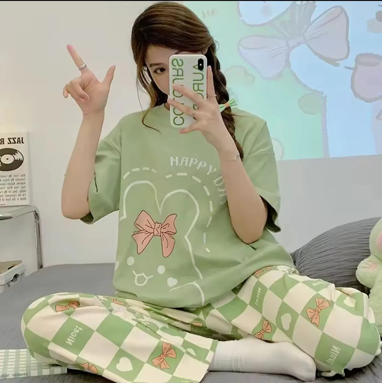 Olive Green Happy Day Printed Half Sleeves Night Suit