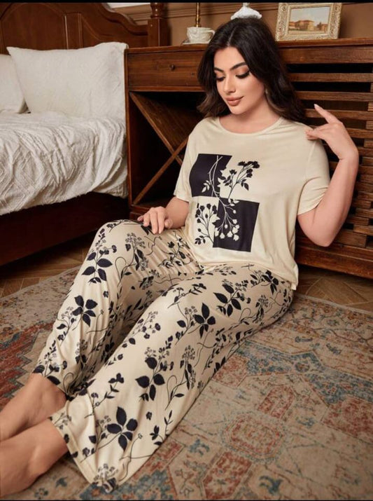 Off white Leaves Printed T.shirt with leaves printed Pajama PJ Set For Her
