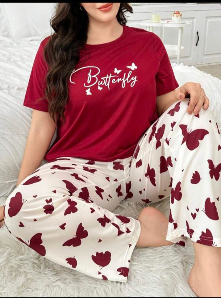 Maroon Butterfly Printed T.shirt with Butterfly printed Pajama PJ Set For Her