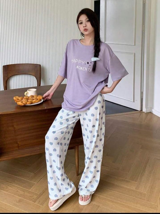 Lilac Happy Moment Printed T.shirt with Hearts printed Pajama PJ Set For Her