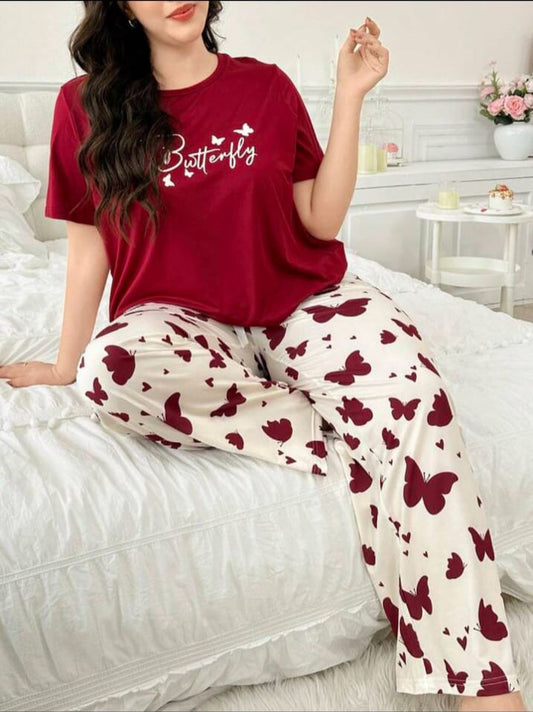 Maroon Butterfly Printed T.shirt with Butterfly printed Pajama PJ Set For Her