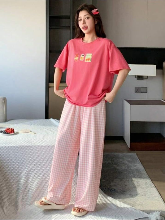 Pink Juices Printed T.shirt with Check printed Pajama PJ Set For Her
