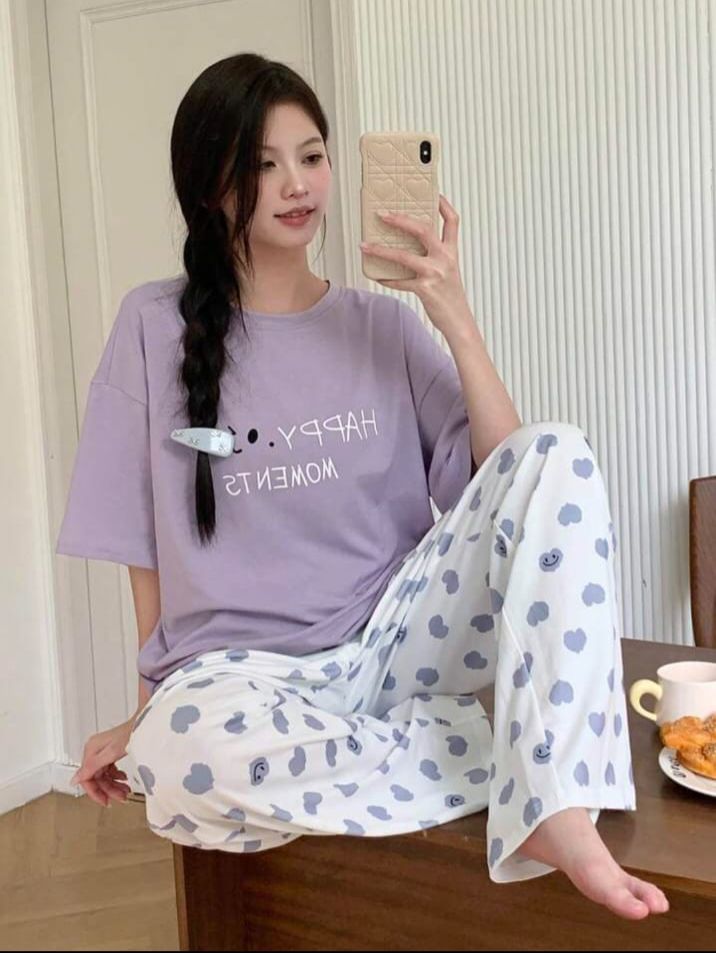 Lilac Happy Moment Printed T.shirt with Hearts printed Pajama PJ Set For Her