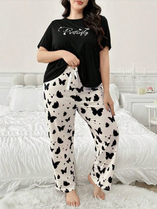 Black Butterfly Printed T.shirt with Butterfly printed Pajama PJ Set For Her