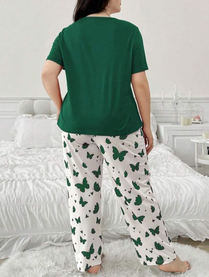 Dark Green Butterfly Printed T.shirt with Butterfly printed Pajama PJ Set For Her