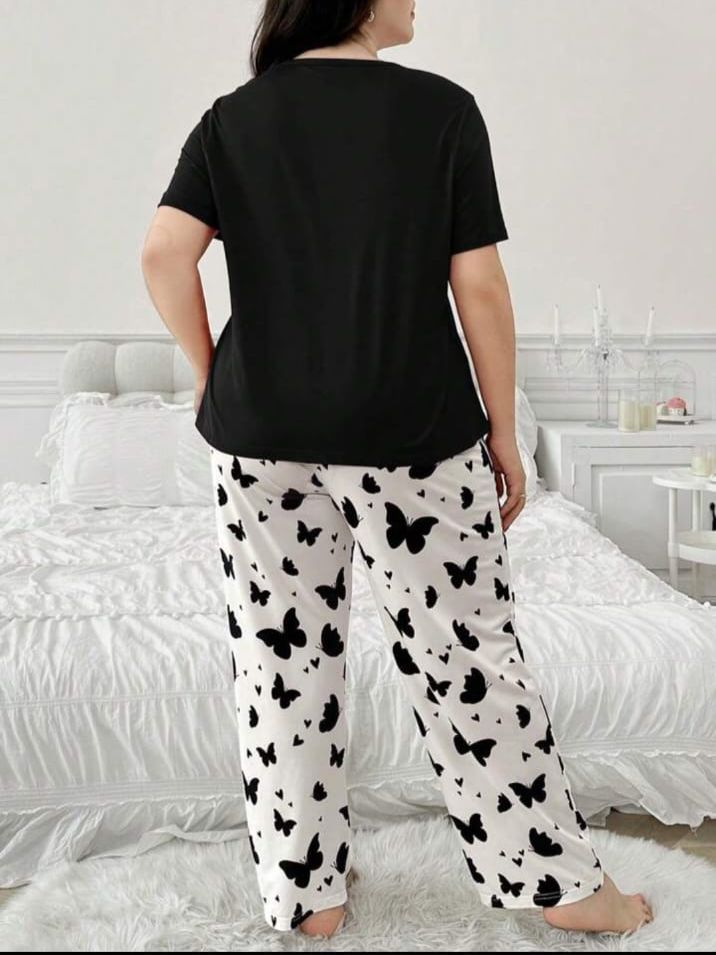 Black Butterfly Printed T.shirt with Butterfly printed Pajama PJ Set For Her