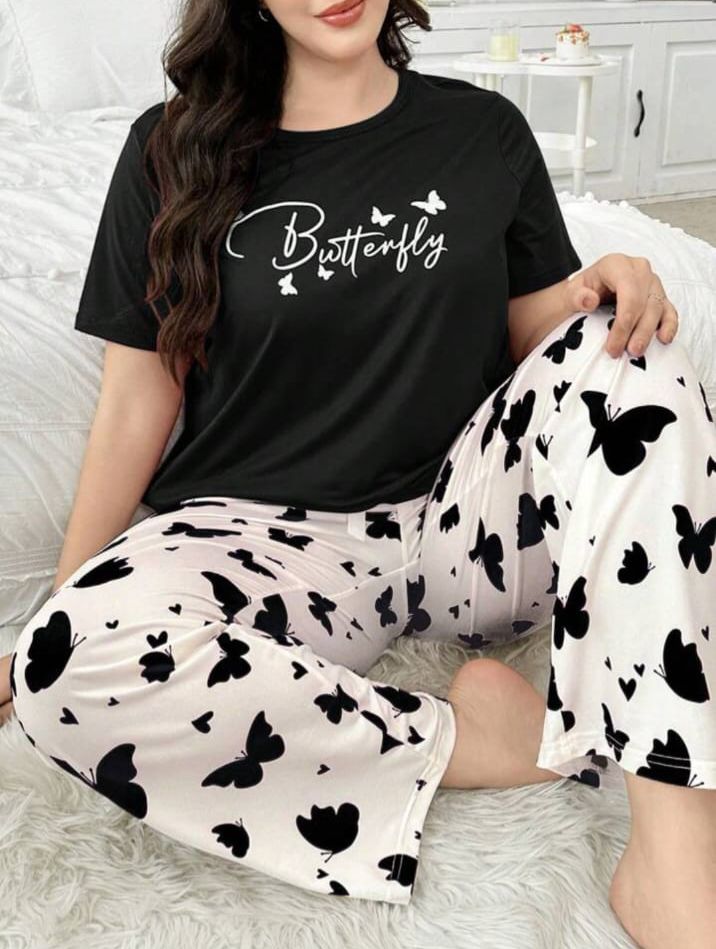 Black Butterfly Printed T.shirt with Butterfly printed Pajama PJ Set For Her