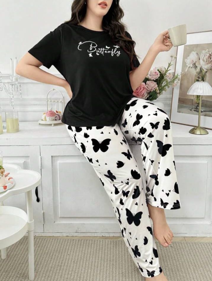 Black Butterfly Printed T.shirt with Butterfly printed Pajama PJ Set For Her