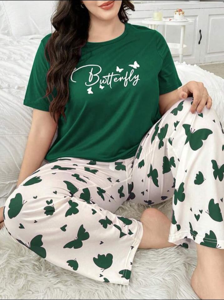 Dark Green Butterfly Printed T.shirt with Butterfly printed Pajama PJ Set For Her