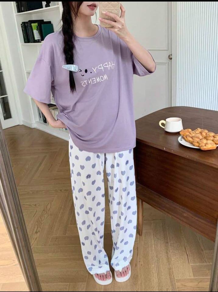 Lilac Happy Moment Printed T.shirt with Hearts printed Pajama PJ Set For Her