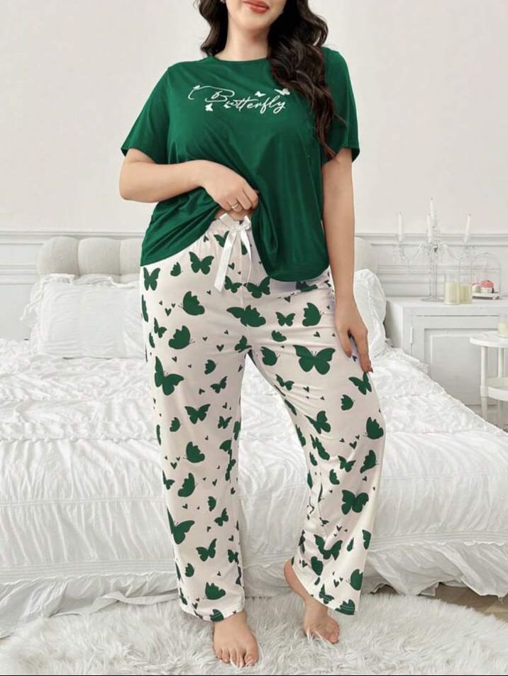 Dark Green Butterfly Printed T.shirt with Butterfly printed Pajama PJ Set For Her