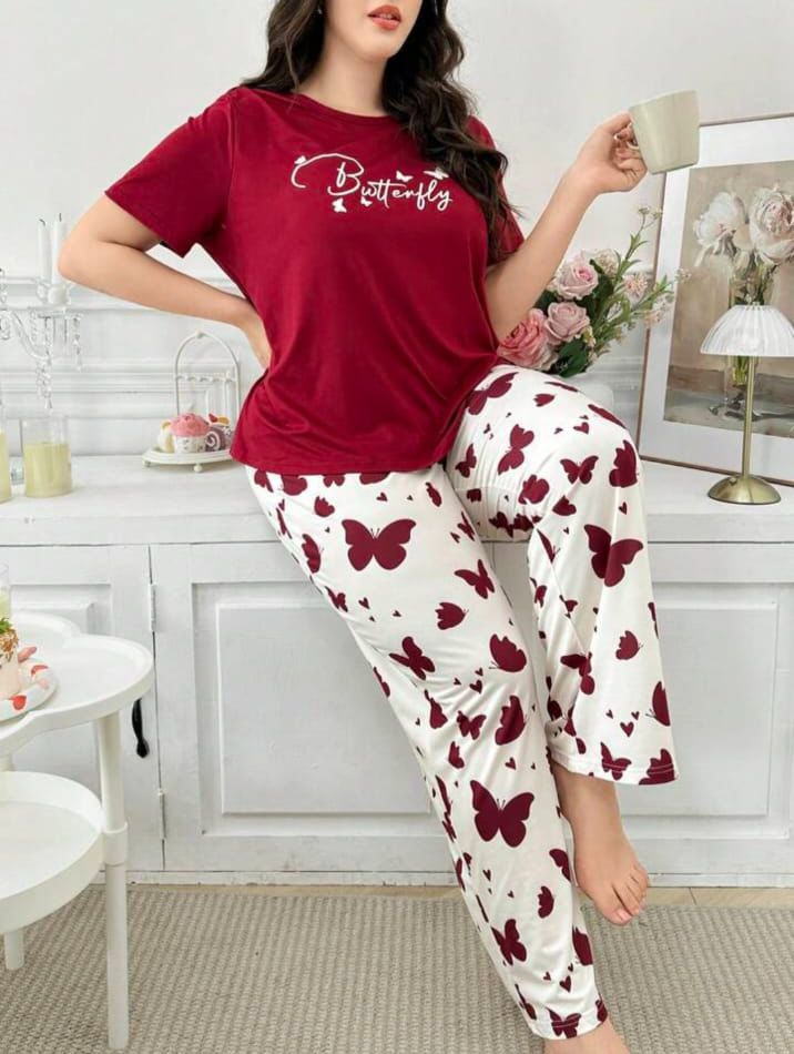 Maroon Butterfly Printed T.shirt with Butterfly printed Pajama PJ Set For Her