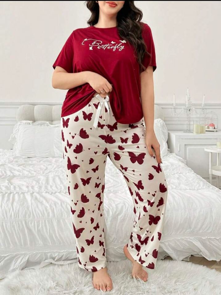 Maroon Butterfly Printed T.shirt with Butterfly printed Pajama PJ Set For Her