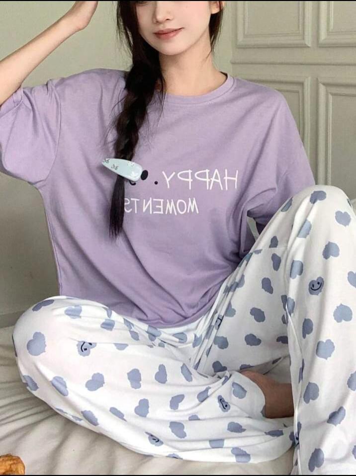 Lilac Happy Moment Printed T.shirt with Hearts printed Pajama PJ Set For Her