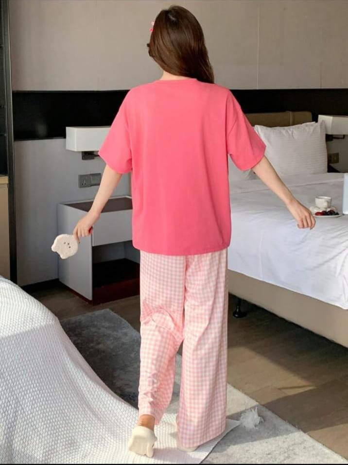 Pink Juices Printed T.shirt with Check printed Pajama PJ Set For Her