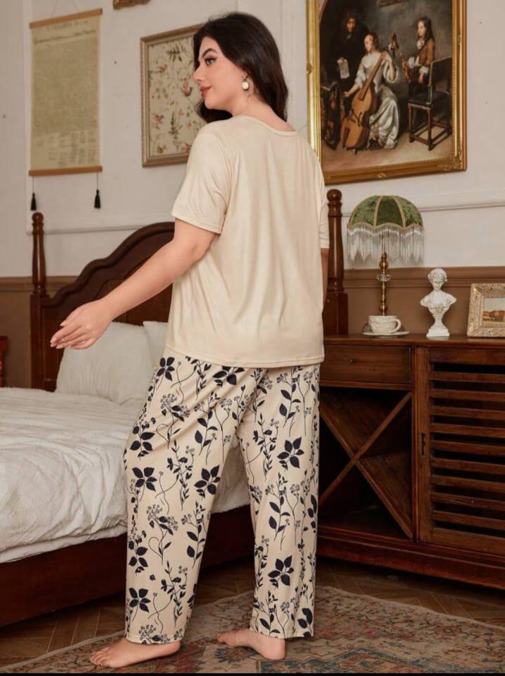Off white Leaves Printed T.shirt with leaves printed Pajama PJ Set For Her