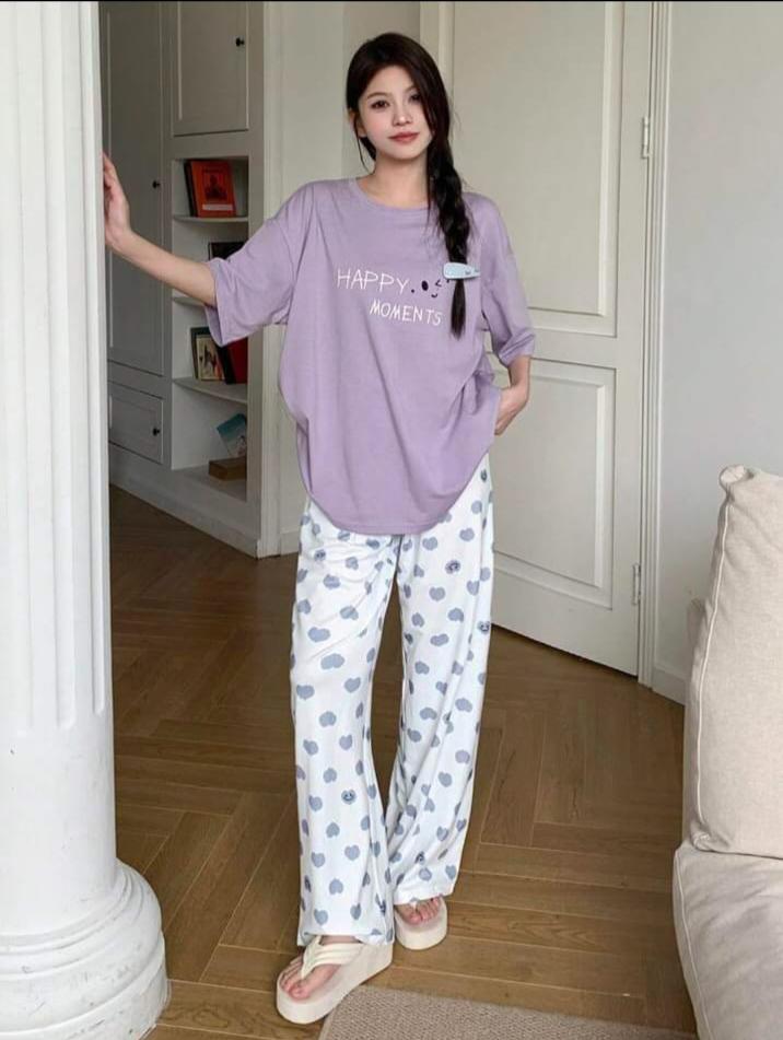 Lilac Happy Moment Printed T.shirt with Hearts printed Pajama PJ Set For Her
