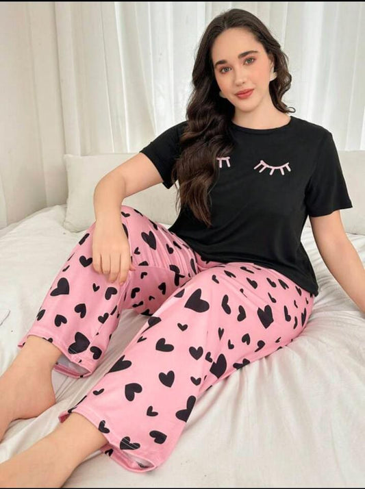 Black Sleepy Eyes Printed T.shirt with Hearts printed Pajama PJ Set For Her