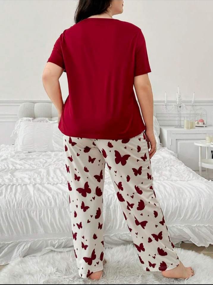Maroon Butterfly Printed T.shirt with Butterfly printed Pajama PJ Set For Her