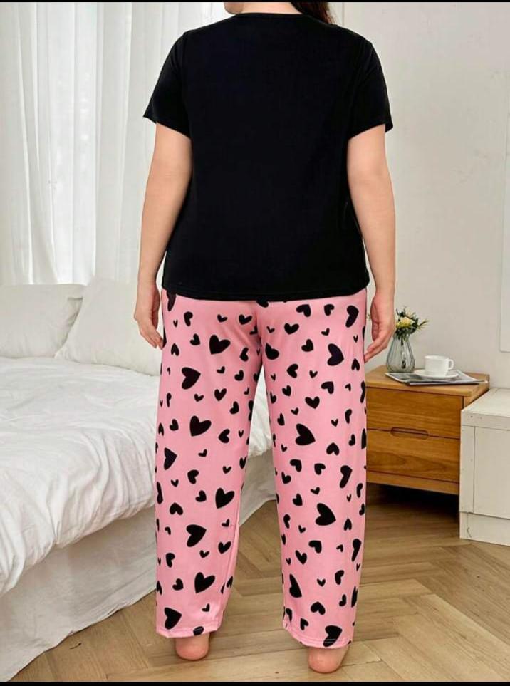 Black Sleepy Eyes Printed T.shirt with Hearts printed Pajama PJ Set For Her