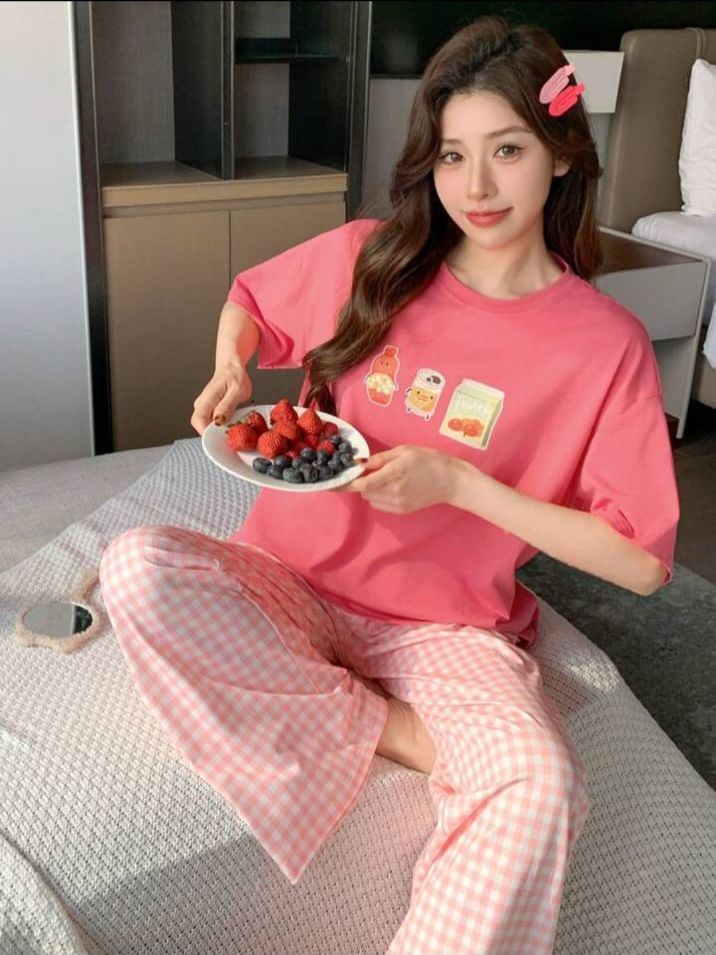 Pink Juices Printed T.shirt with Check printed Pajama PJ Set For Her