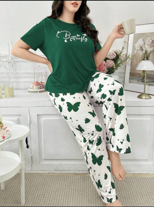 Dark Green Butterfly Printed T.shirt with Butterfly printed Pajama PJ Set For Her