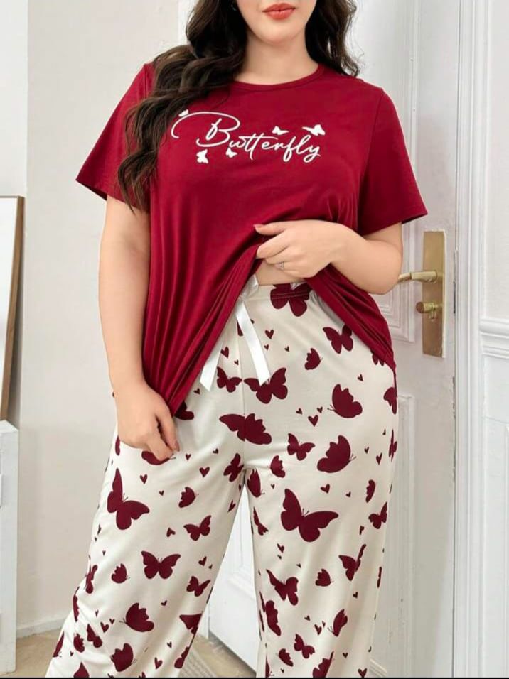 Maroon Butterfly Printed T.shirt with Butterfly printed Pajama PJ Set For Her