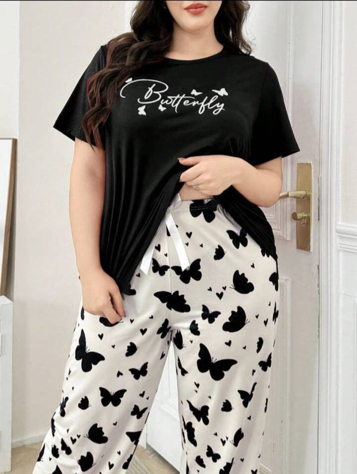 Black Butterfly Printed T.shirt with Butterfly printed Pajama PJ Set For Her