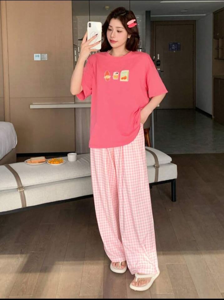 Pink Juices Printed T.shirt with Check printed Pajama PJ Set For Her
