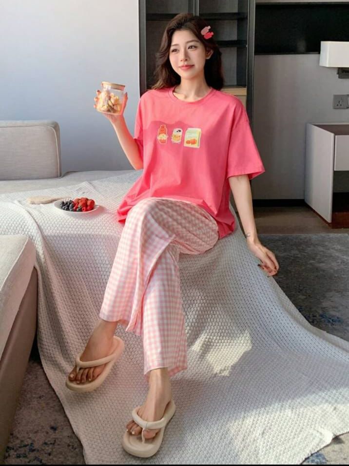 Pink Juices Printed T.shirt with Check printed Pajama PJ Set For Her