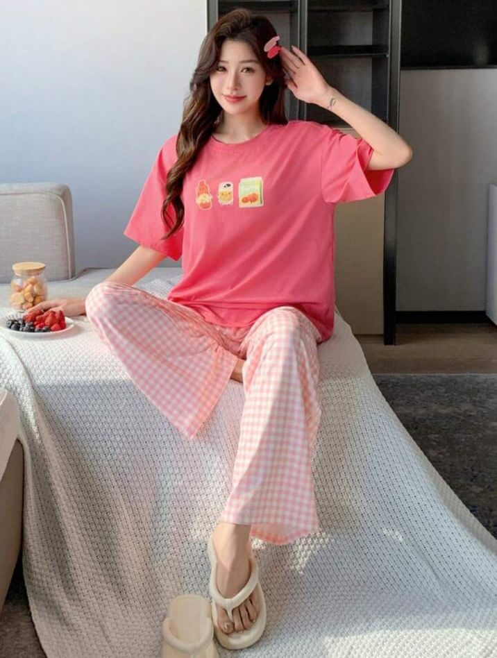 Pink Juices Printed T.shirt with Check printed Pajama PJ Set For Her