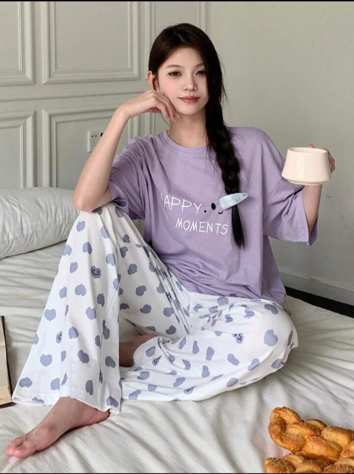 Lilac Happy Moment Printed T.shirt with Hearts printed Pajama PJ Set For Her