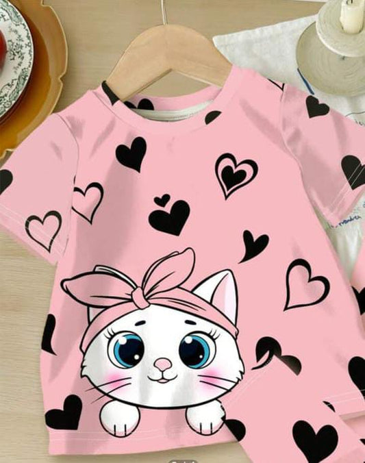 Pink Kitty with black Hearts Printed Pajama Night Suit for Kids