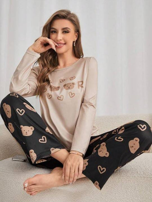 Off white bears with black trouser Printed PJ Set For Her