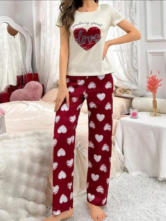 Off white hearts with Maroon Pajama Printed PJ Set For Her