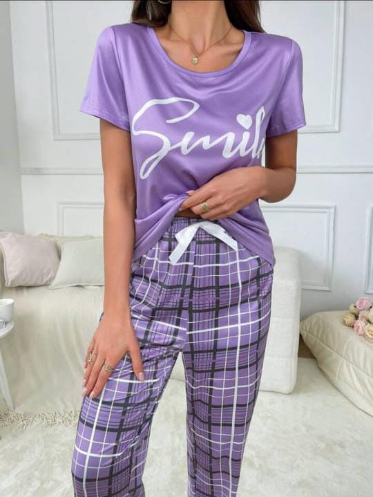 Purple smile with check pajama Printed PJ Set For Her