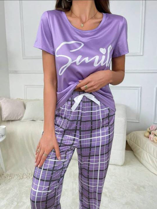 Purple smile with check pajama Printed PJ Set For Her