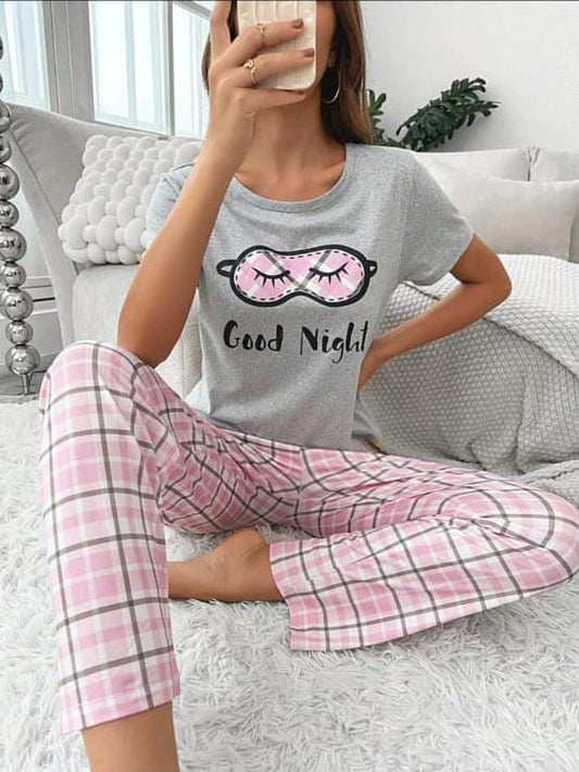 Grey Good Night with pink check pajama Printed PJ Set For Her