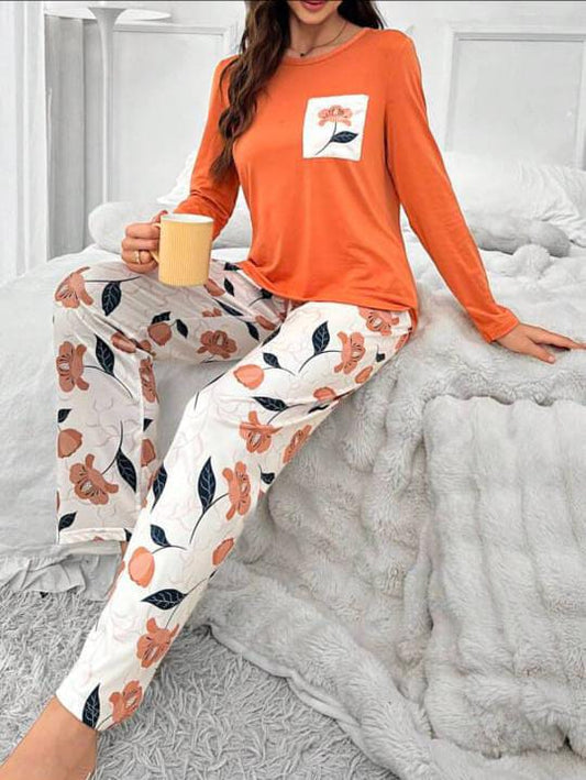 Orange front pocket with flower Pajama Printed PJ Set For Her