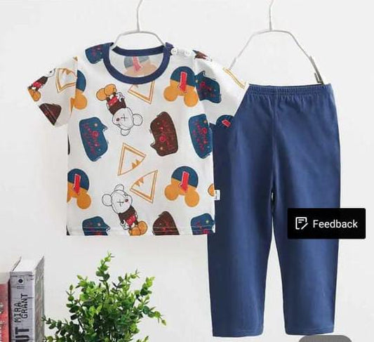 White Multi Bears Printed Pajama Night Suit for Kids