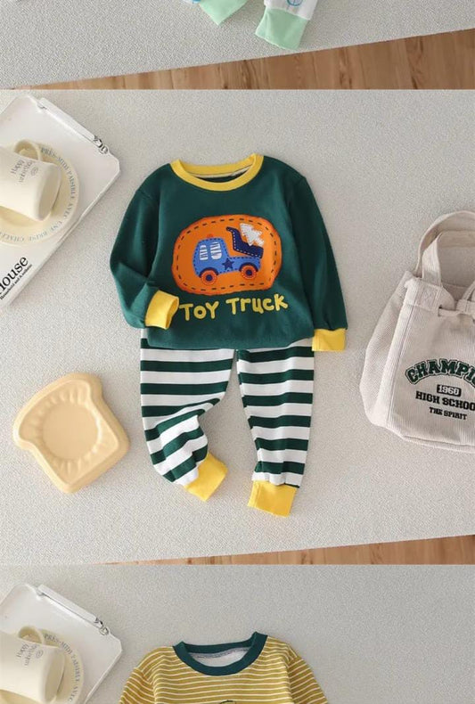 Dark green toy truck Printed Pajama Night Suit for Kids